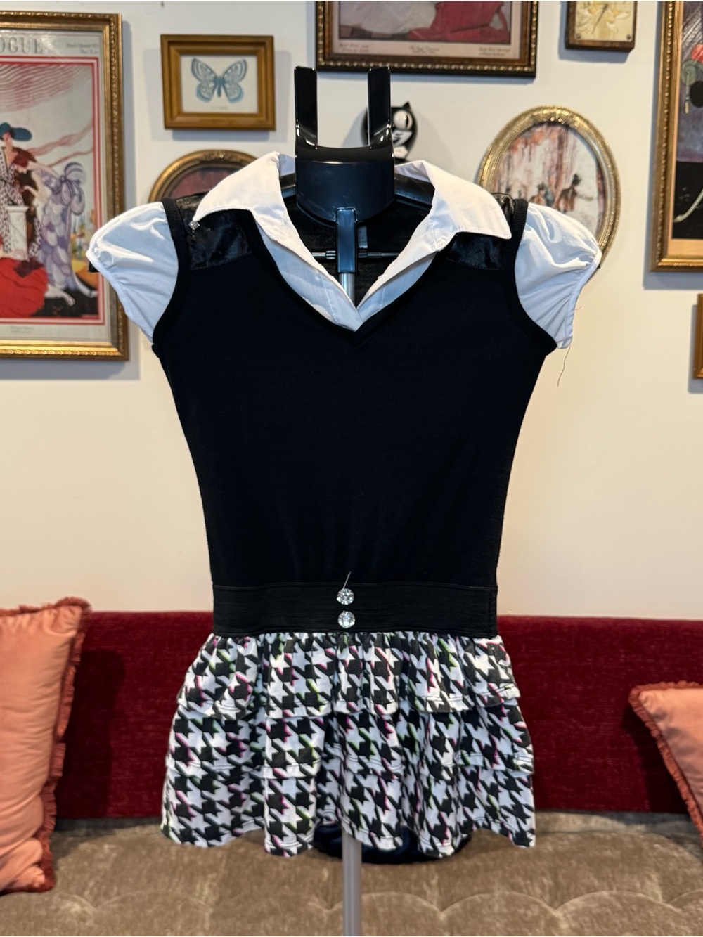 Kids Duchess Black & White Houndstooth Collared Dress
